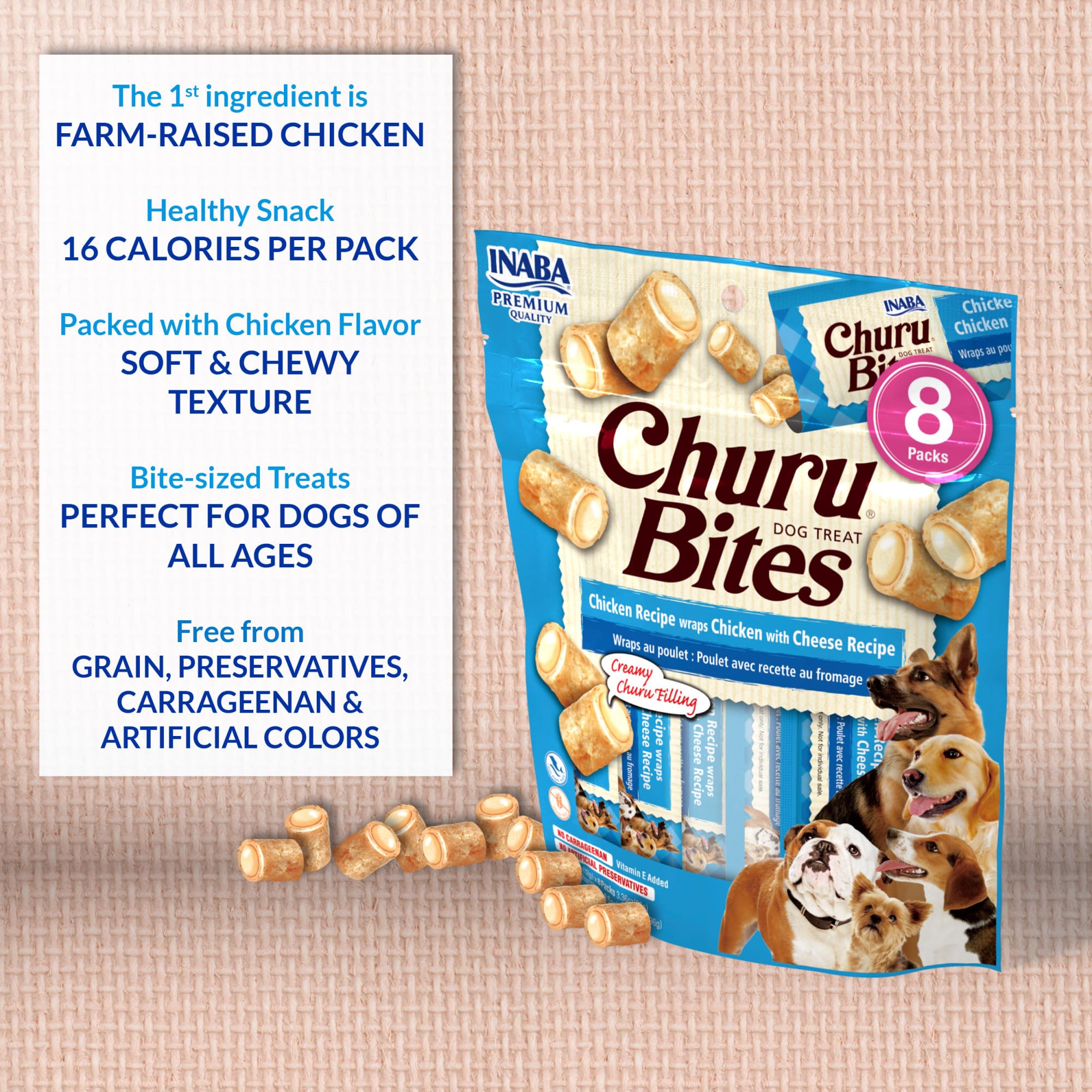 INABA Churu Bites for Dogs, Grain-Free, Soft/Chewy Baked Chicken Wrapped Churu Filled Dog Treats, 0.42 Ounces Each Tube | 48 Tubes Total (8 Tubes per Pack), Chicken with Tuna Recipe - Image 6