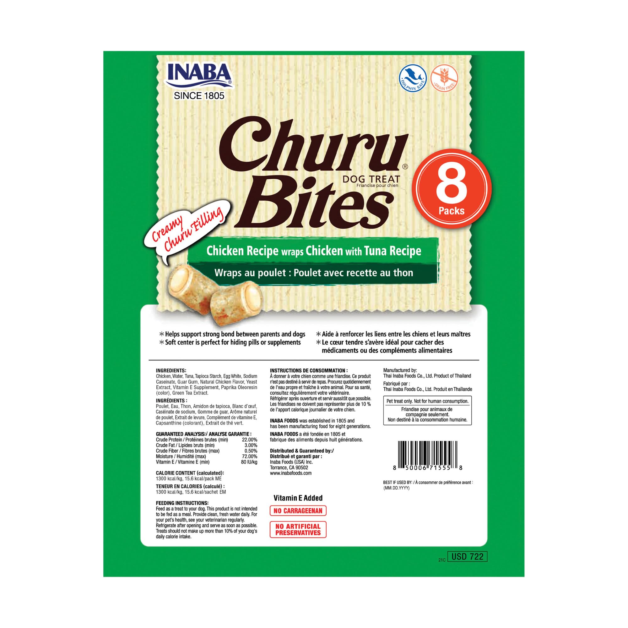 INABA Churu Bites for Dogs, Grain-Free, Soft/Chewy Baked Chicken Wrapped Churu Filled Dog Treats, 0.42 Ounces Each Tube | 48 Tubes Total (8 Tubes per Pack), Chicken with Tuna Recipe - Image 8
