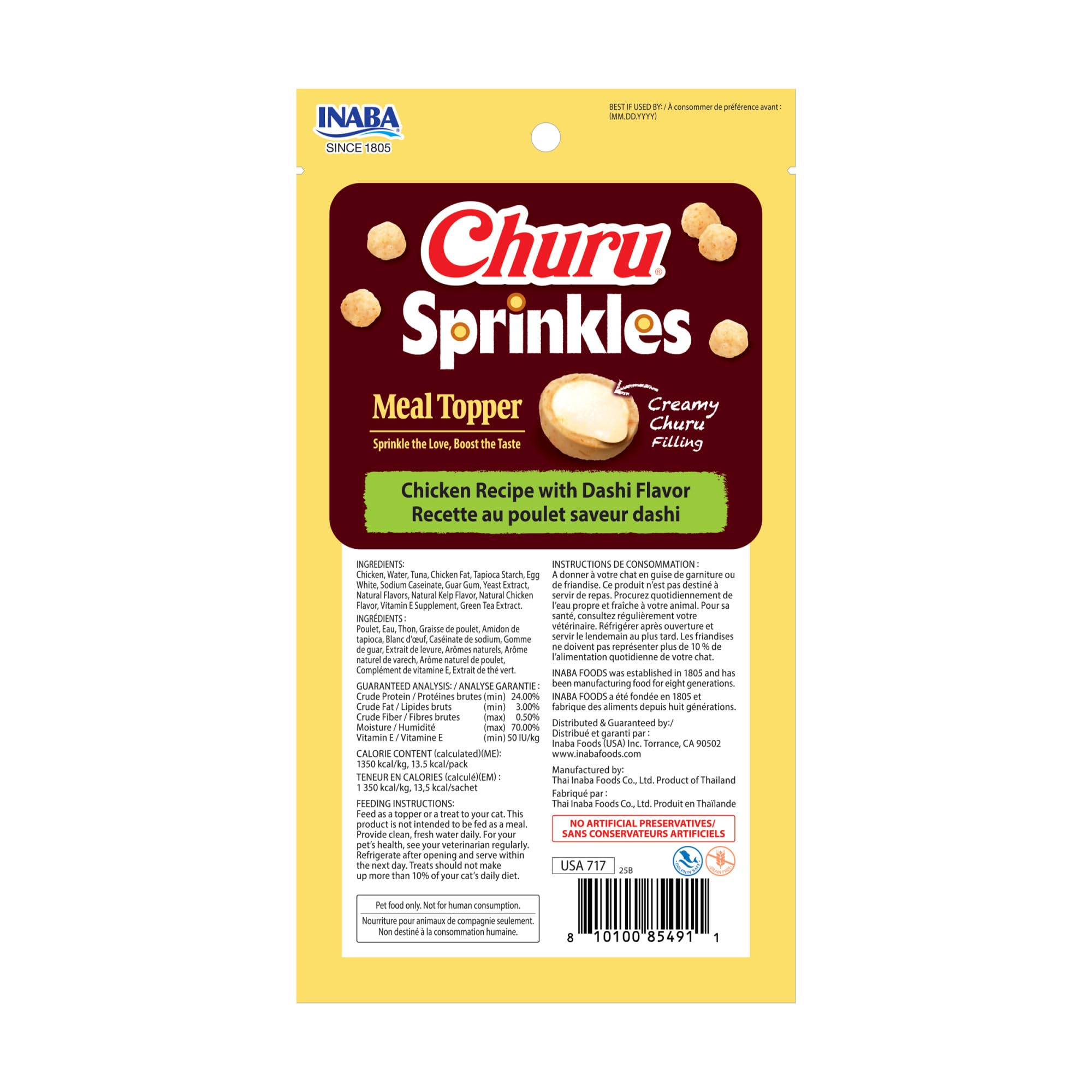 INABA Churu Sprinkles for Cat, Soft & Chewy Churu Filled, Baked Chicken Cat Treat Meal Topper with Vitamin E and Green Tea Extract, 1.05 oz. per Pack, 18 Packs Total, Chicken Recipe with Dashi Flavor - Image 8