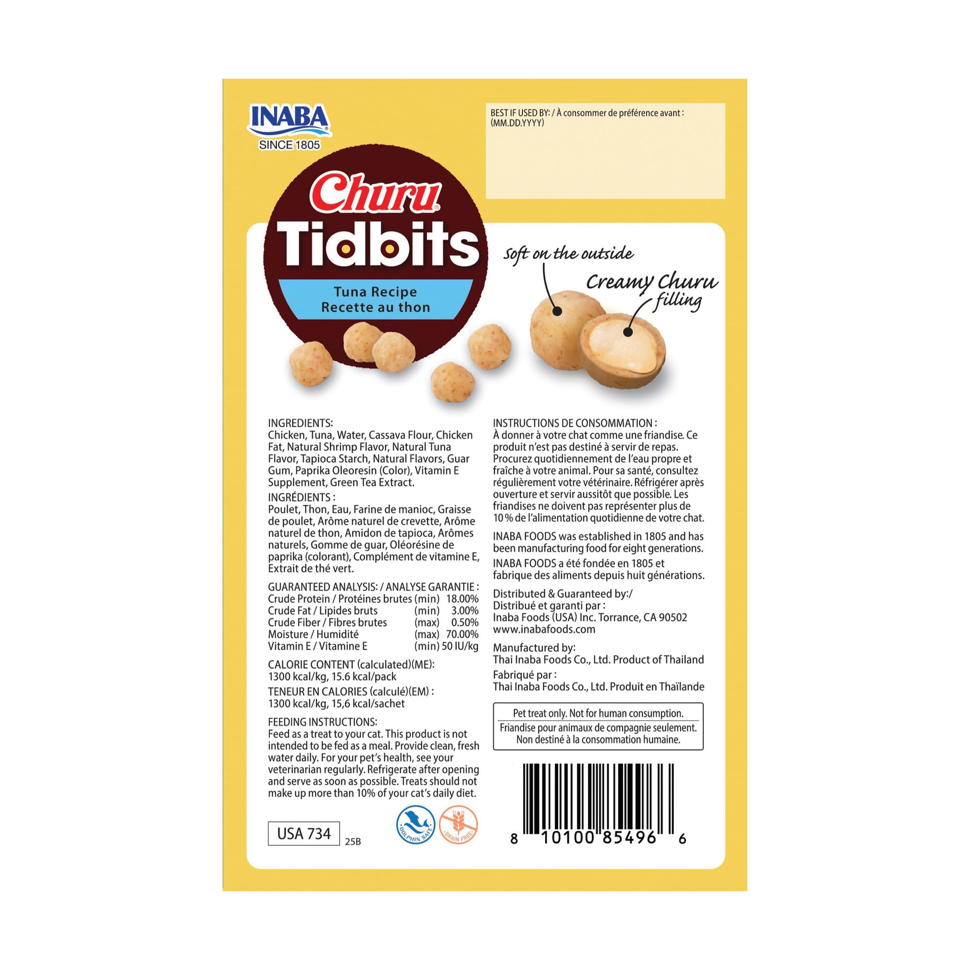 INABA Churu Tidbits for Cats, Soft & Chewy Churu Filled, Baked Chicken Cat Treats with Taurine & Green Tea Extract, 0.42oz per Pack, 8 Packs Total, Tuna Recipe - Image 6